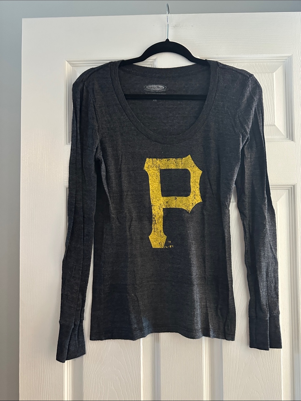 Women’s Black Long Sleeve Scoop Neck Tee with Yellow 'P' Graphic